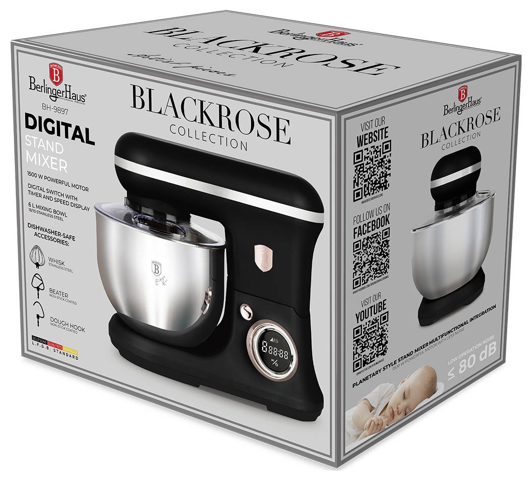 Berlinger Haus BLACKROSE Collection digitální kuchyňský robot se stojánem, zobrazující černý a stříbrný mixer s digitálním displejem a ikonami příslušenství.