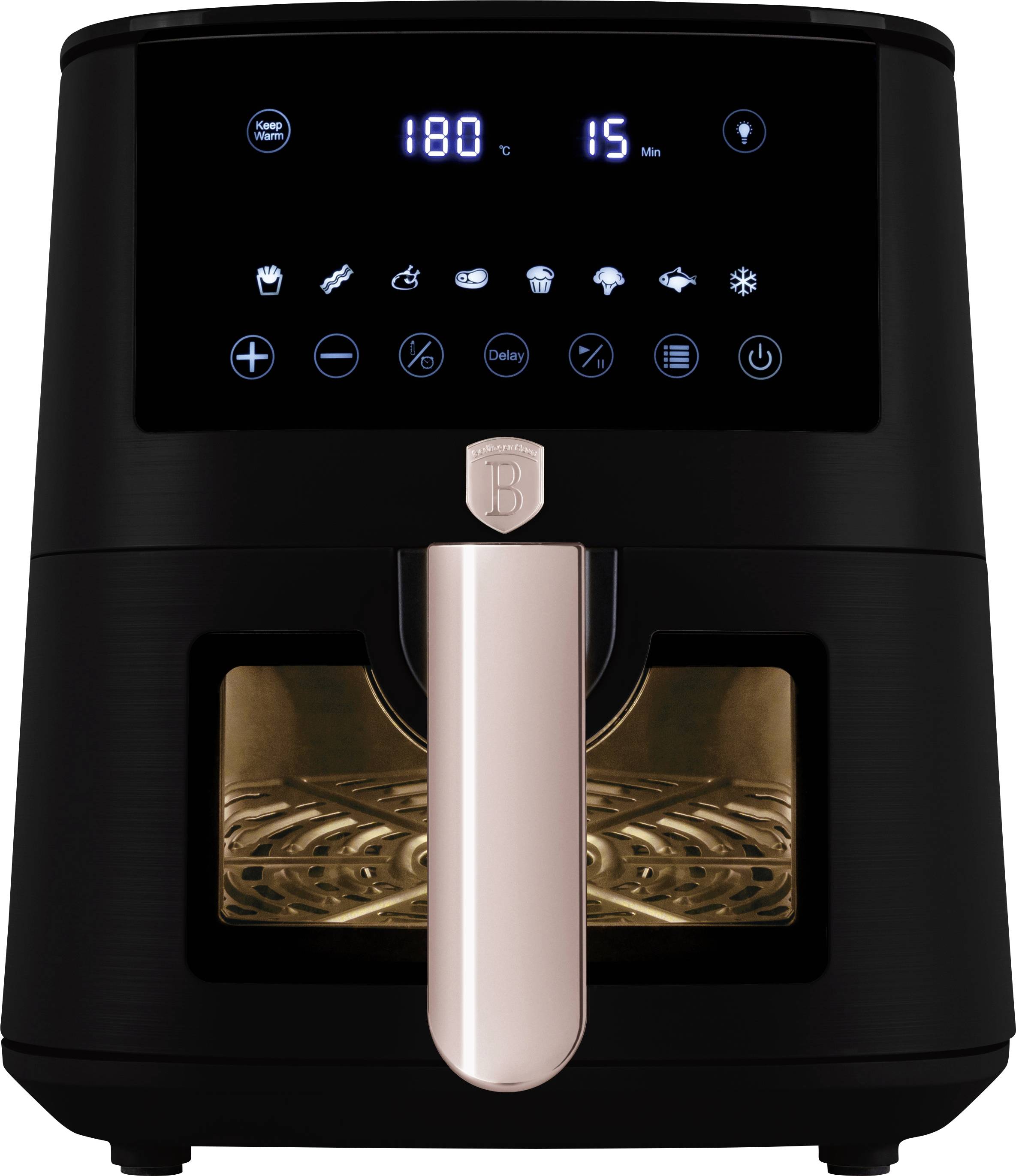 Černá digitální fritéza na horký vzduch s madlem v barvě růžového zlata a svítícími dotykováními prvky zobrazující 180°C a 15 minut.