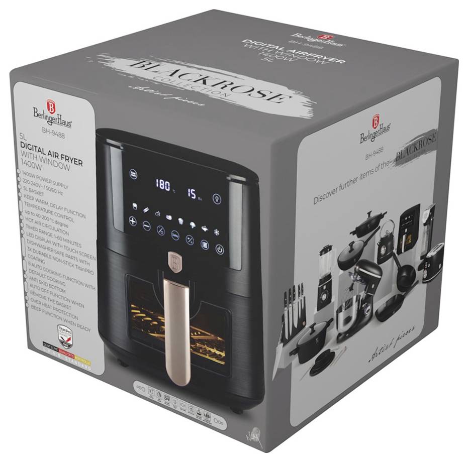Krabice pro digitální horkovzdušnou fritézu Berlinger Haus s okénkem, 1400W, s obrázkem produktu a značením "Black Rose Collection".