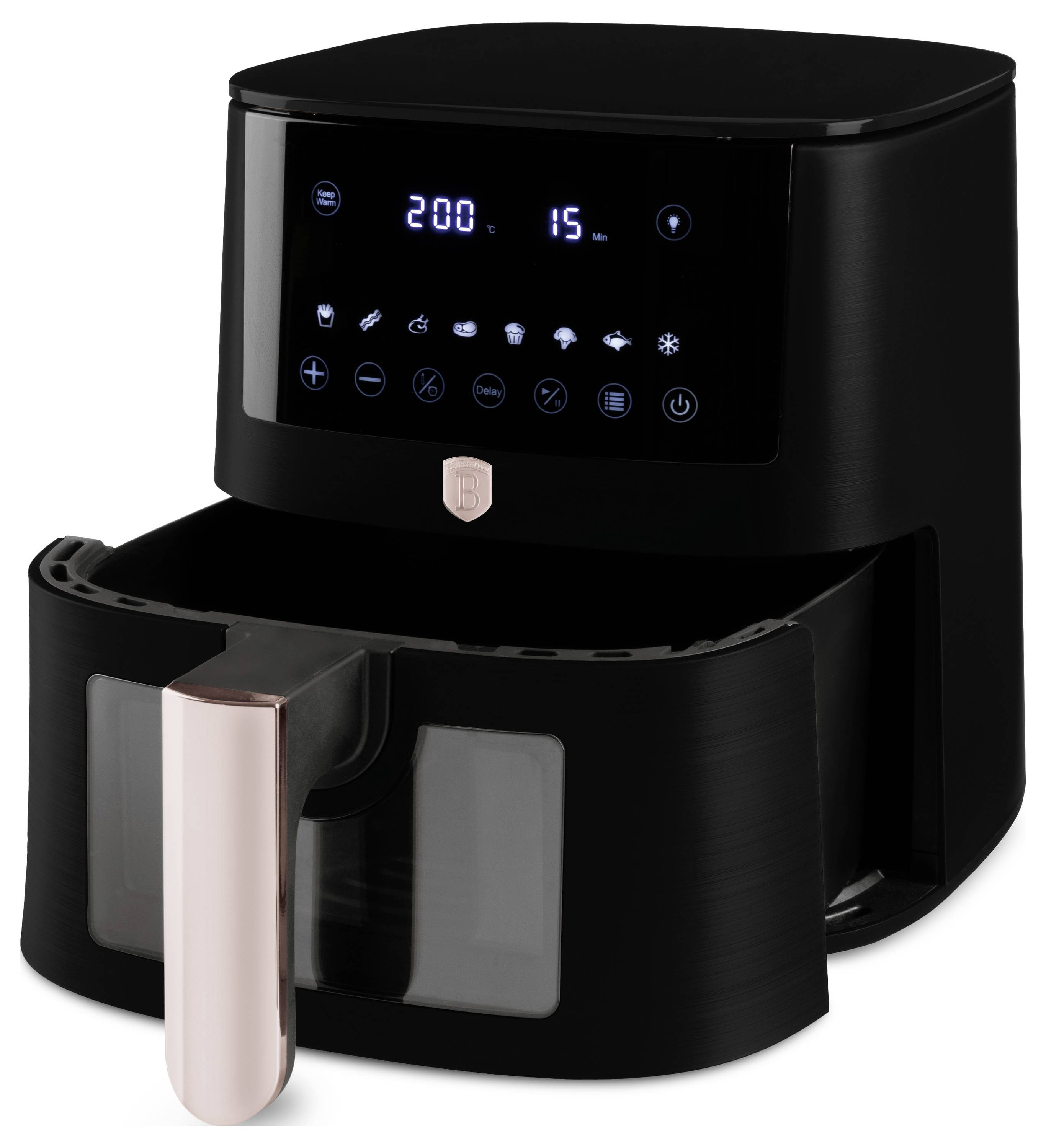 Černá digitální fritéza s rukojetí v barvě rose-gold a podsvětleným displejem, zobrazena s vysunutým košem.