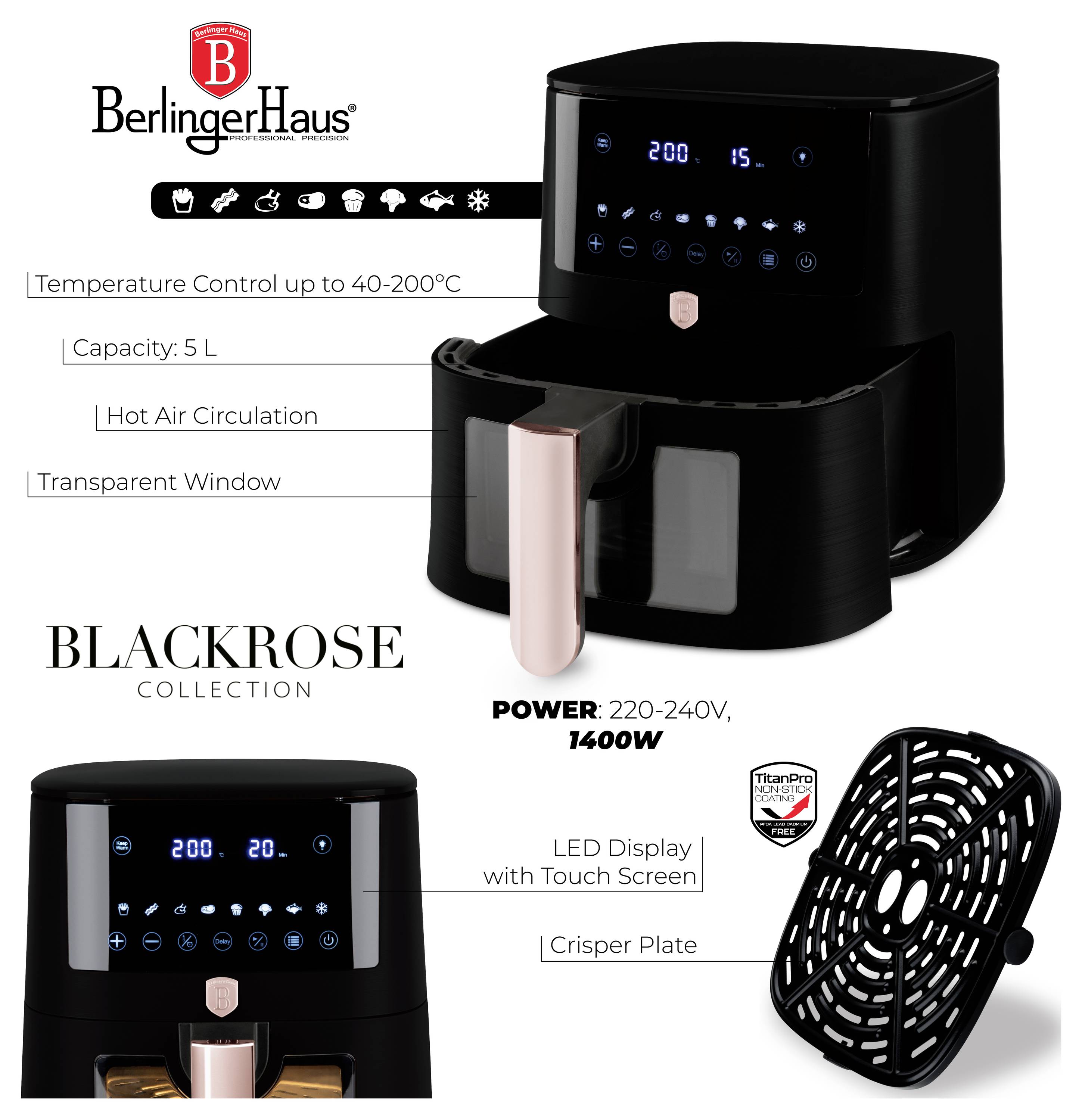 BerlingerHaus Black Rose 5L teplovzdušná fritéza s dotykovým LED displejem, regulací teploty 40-200°C, cirkulací horkého vzduchu, průhledným oknem a crisp destičkou.