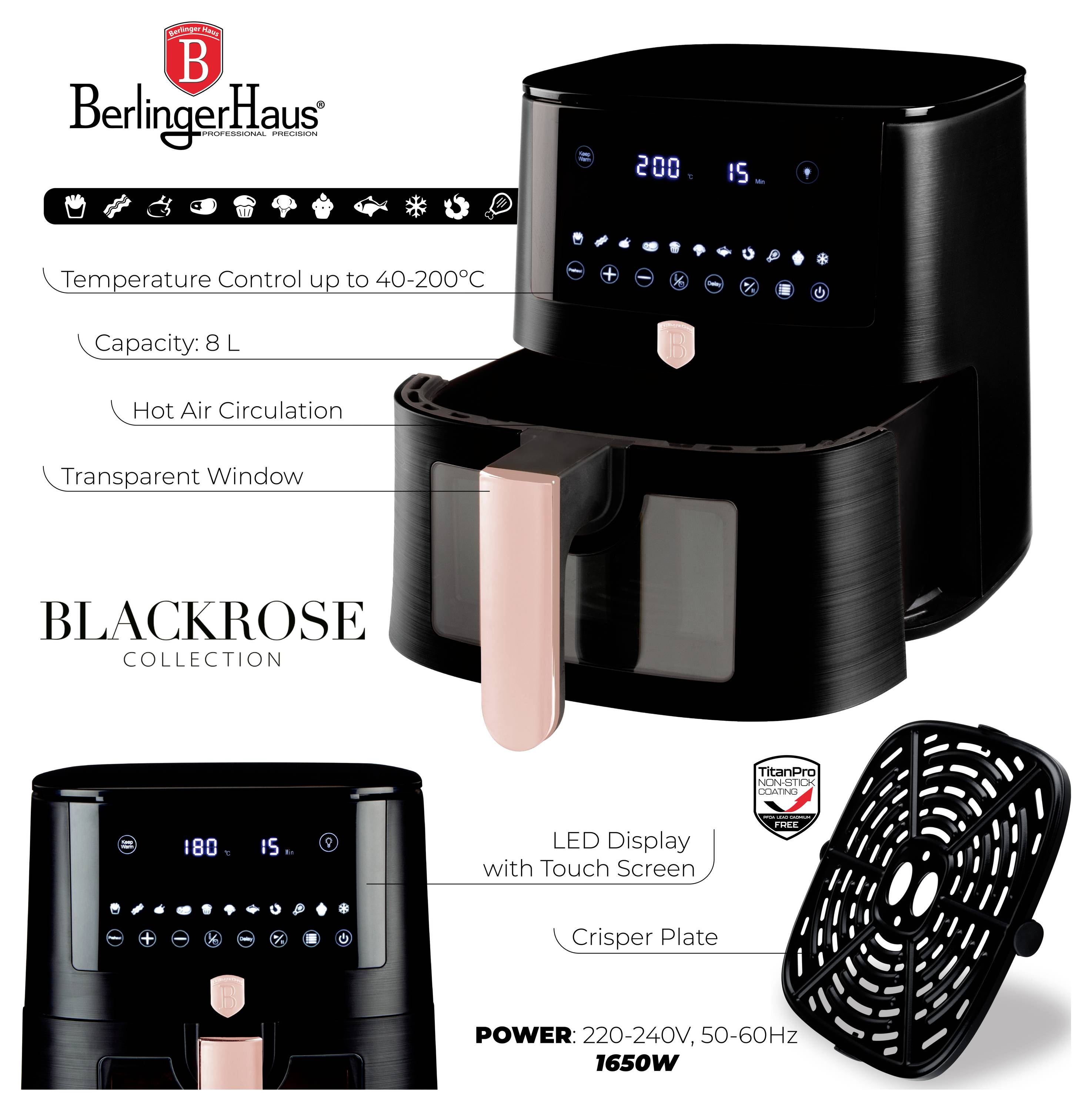 BerlingerHaus BlackRose fritéza s dotykovou obrazovkou, kapacita 8L, regulace teploty 40-200°C, cirkulace horkého vzduchu, průhledné okénko a talíř na křupavost.