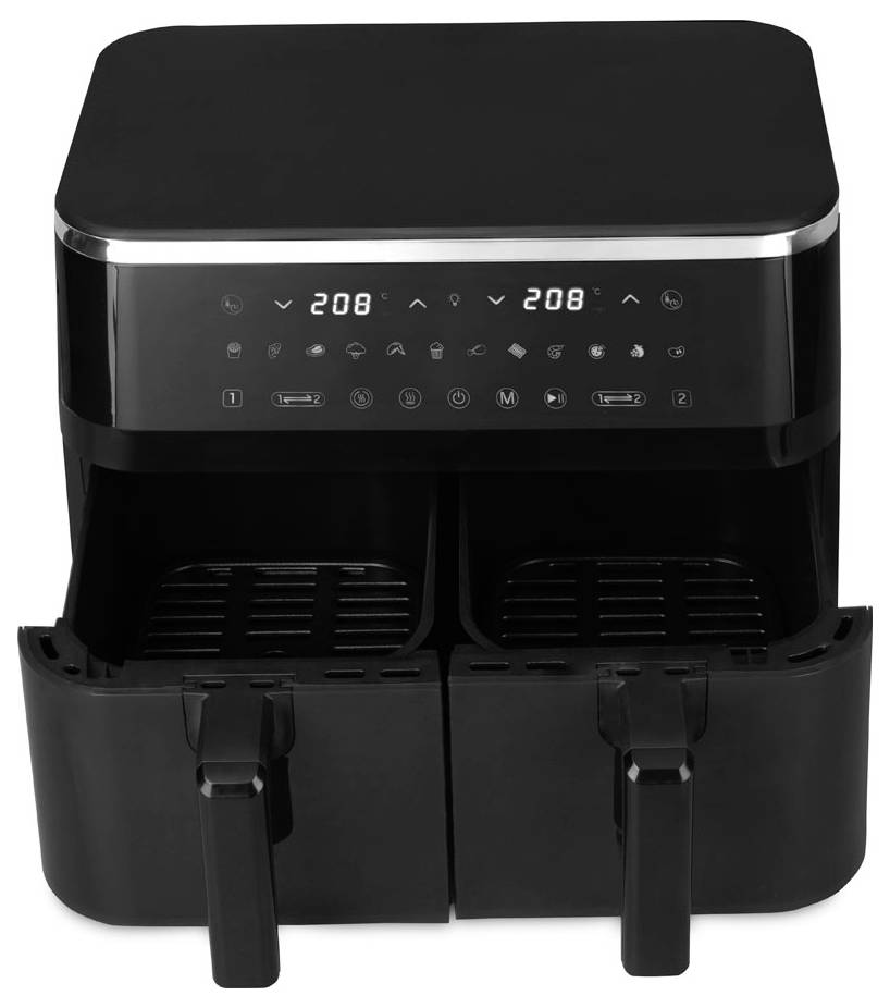 Černá dual-basketová fritéza na vzduch s digitálními ovládacími prvky ukazujícími 208° pro každou stranu a dvěma předními vysouvacími zásuvkami.