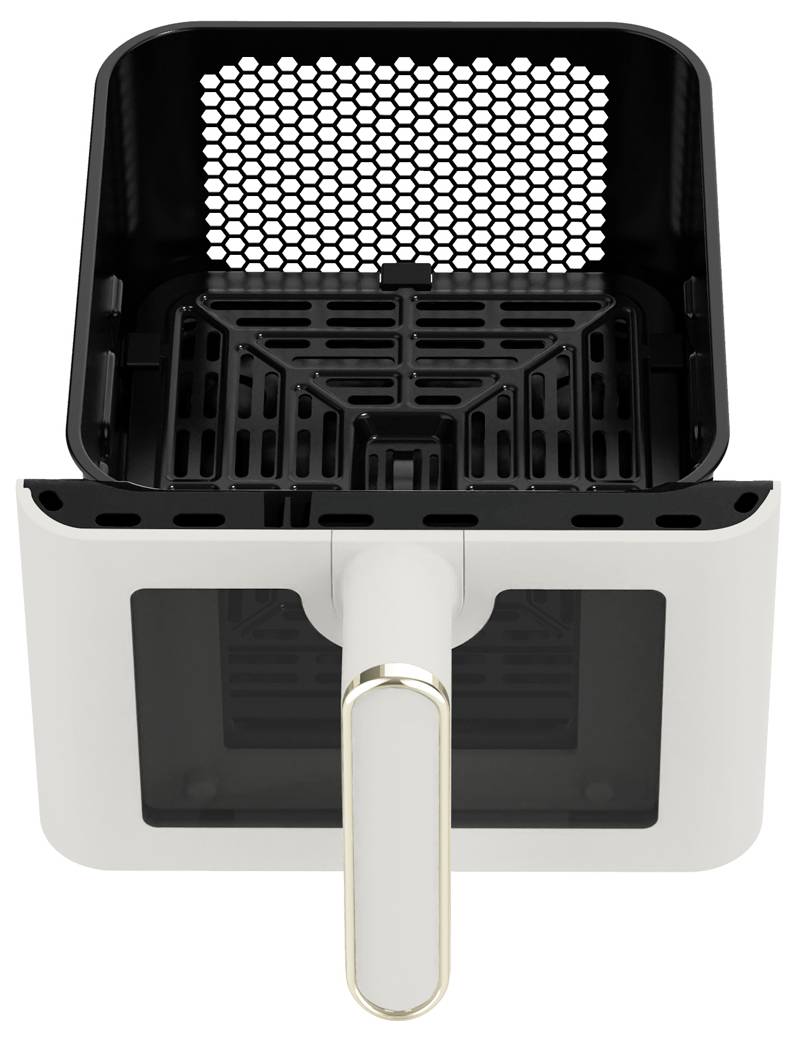 Bílá a černá stolní fritéza se vytaženým košem, která ukazuje vařící tác a síťovaný zadní panel.