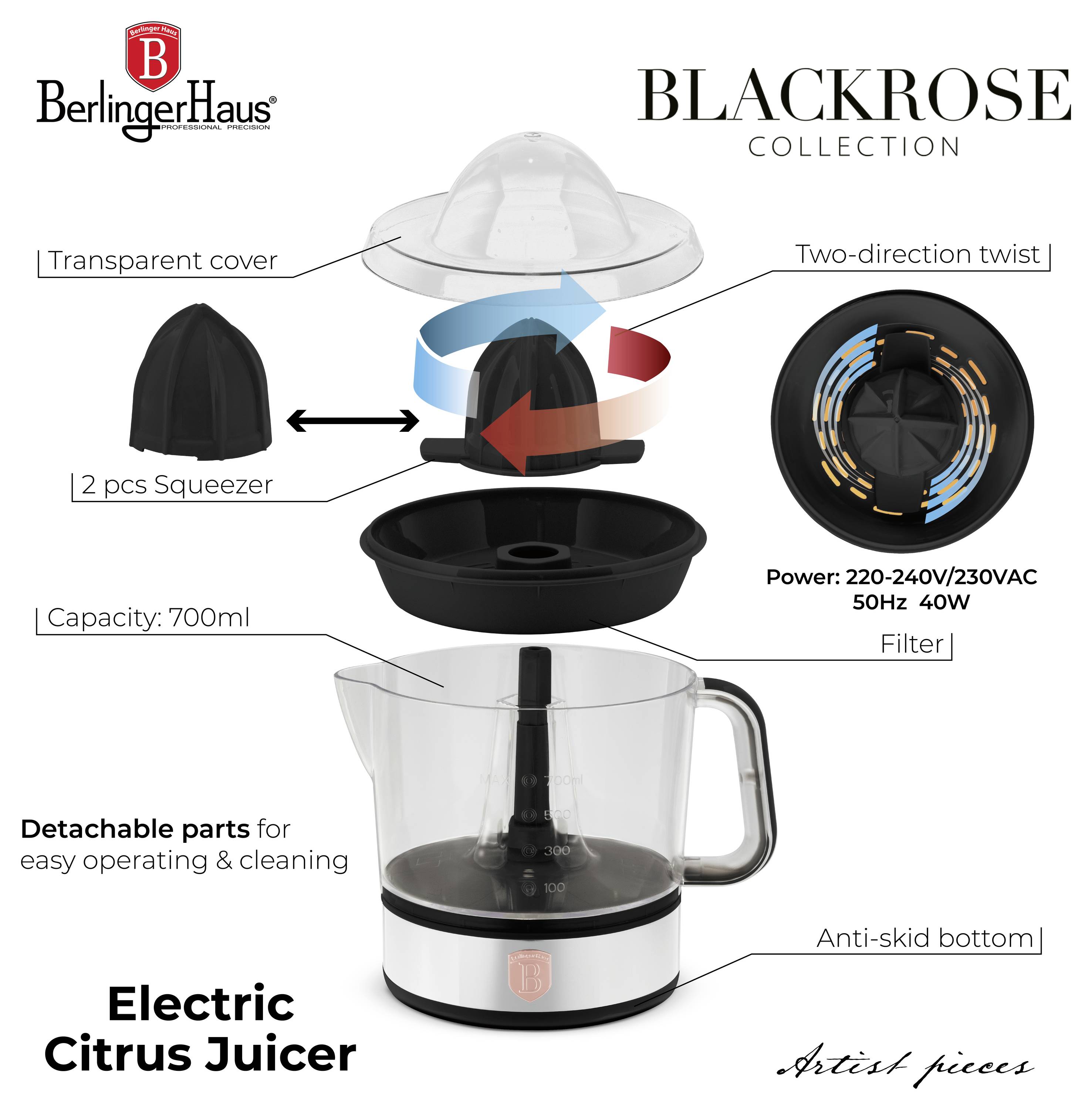 Produktový diagram elektrického citrusového odšťavňovače BerlingerHaus Blackrose Collection, zobrazující průhledný kryt, dva odšťavňovače, kapacitu 700 ml, filtr, protiskluzkou spodní část a demontovatelné součásti.
