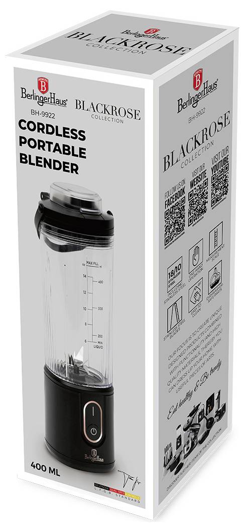 Krabice pro bezdrátový přenosný mixér Berlinger Haus Blackrose se zobrazením mixéru a kapacitou 600 mL.