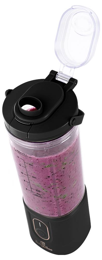 Přenosný osobní mixér s růžovým smoothie uvnitř, černou základnou a průhledným otevřeným víkem nahoře.