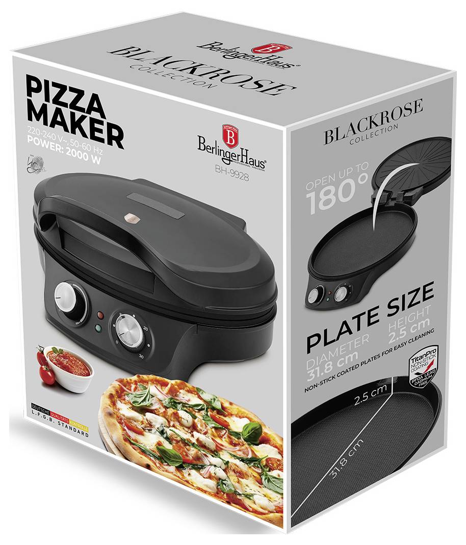 Pizzovací pec Blackrose Collection v krabici s fotkou produktu, označena 2000 W, otevírání 180° a velikostí desky 31,8 cm.