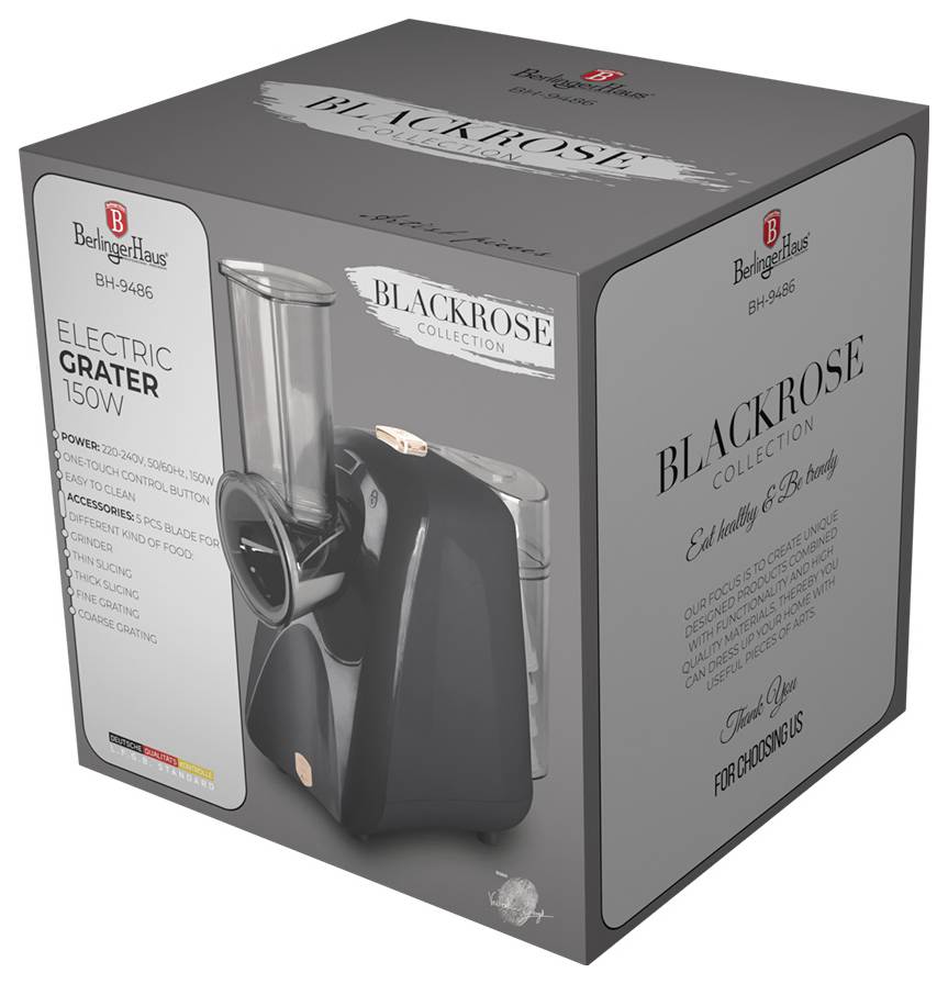 Kolekcí Blackrose v krabici elektrický struhadlo, 150W, zobrazeno na obalu produktu s obrázkem zařízení a textem vlastností.