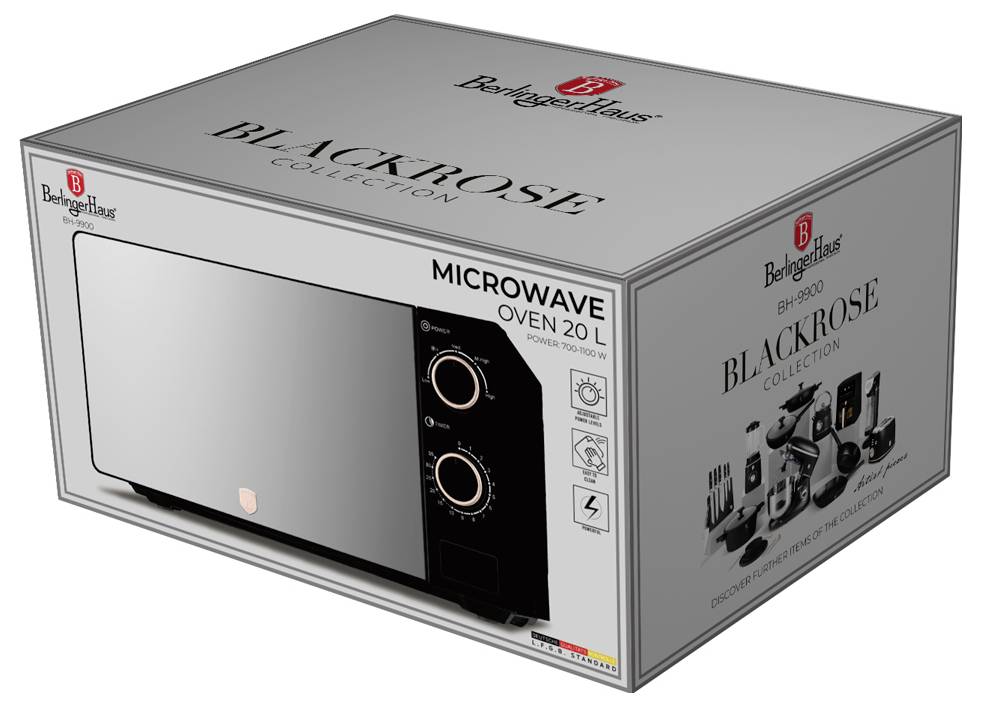 Balená mikrovlnná trouba Berlinger Haus Black Rose Collection 20L, zobrazená na obalu produktu s obrázkem zařízení a podrobnostmi modelu.