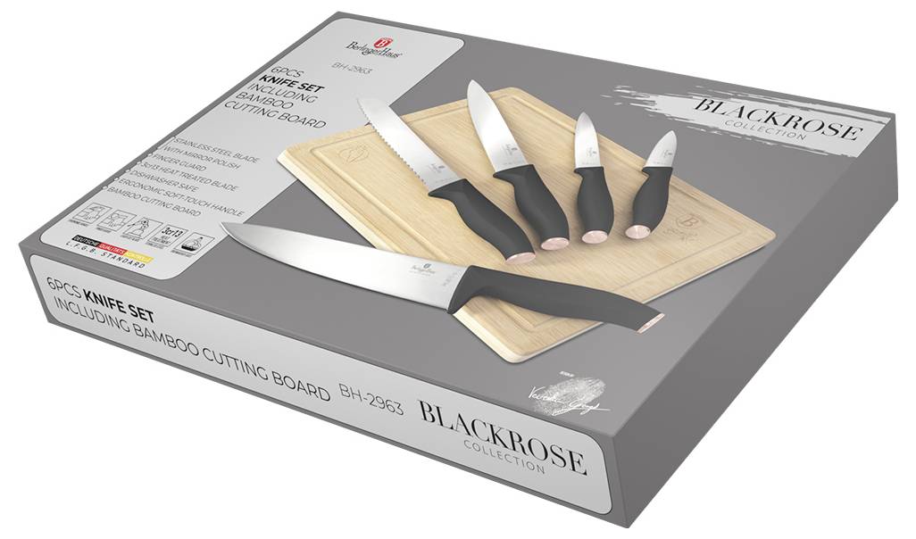 Balená kolekce Blackrose s 5-dílnou soupravou nožů s bambusovou prkénkem, zobrazená s kuchařským nožem, chlebovým nožem, univerzálním nožem a loupavým nožem na obálce balení.