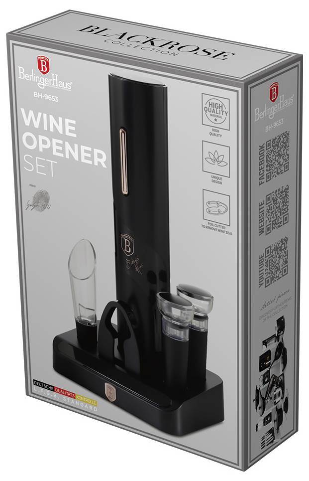 Produktová krabice Beringer Haus ‚Wine Opener Set' z kolekce Black Rose, zobrazující černý elektrický otvírák s nabíjecí základnou a dvěma odstraňovači folie.
