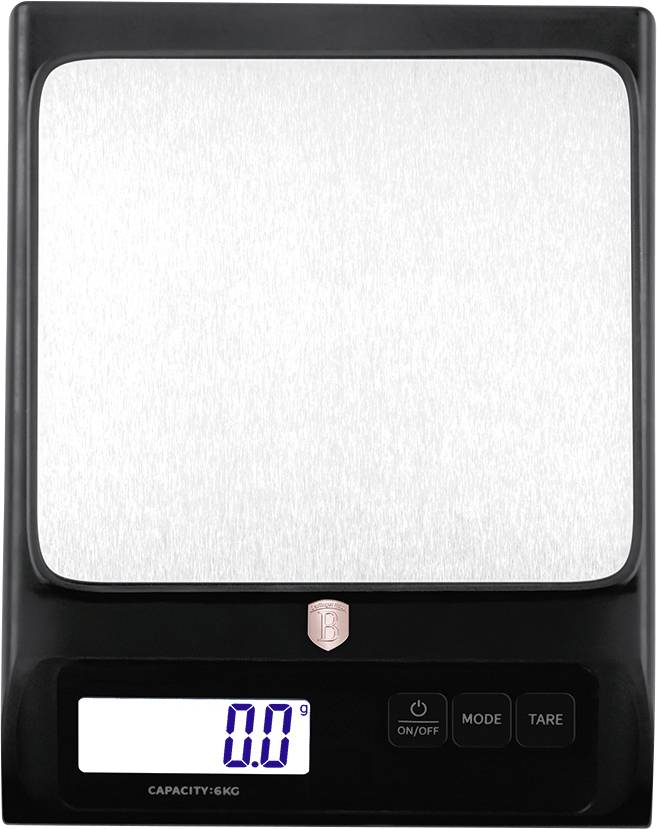 Digitální kuchyňská váha v černé barvě s nerezovou váženou platformou a modrým LCD displejem zobrazujícím 0.0
