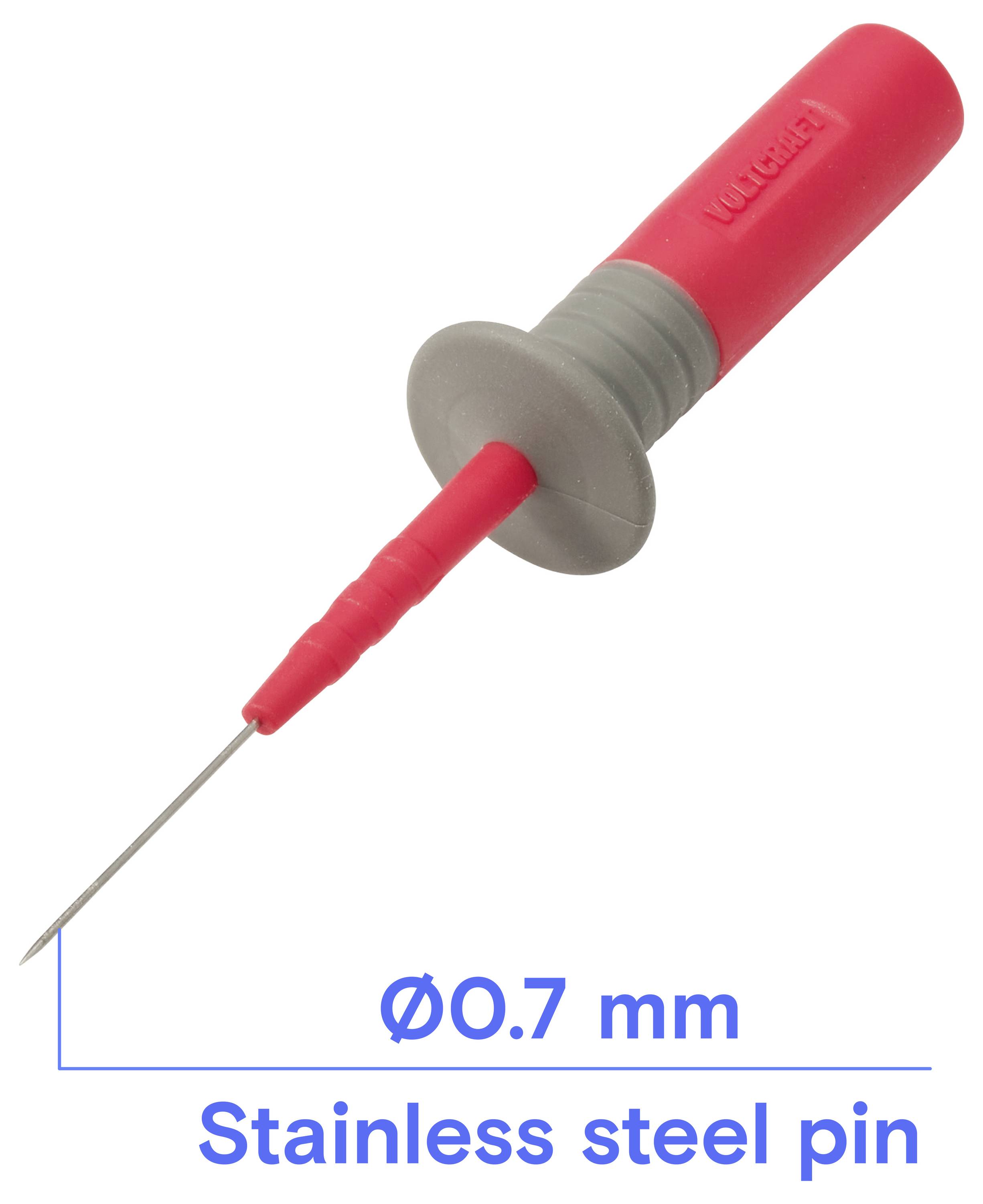 Červený plastový šicí špendlík s hrototem z nerezové oceli, označený '0,7 mm' a 'Nerezový špendlík'.