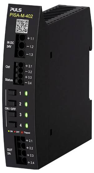 Černý modul distribuce napájení PULS PISA-M-402 24V s QR kódem, terminálními porty, vypínači zapnutí/vypnutí a zelenými stavovými LED diodami.