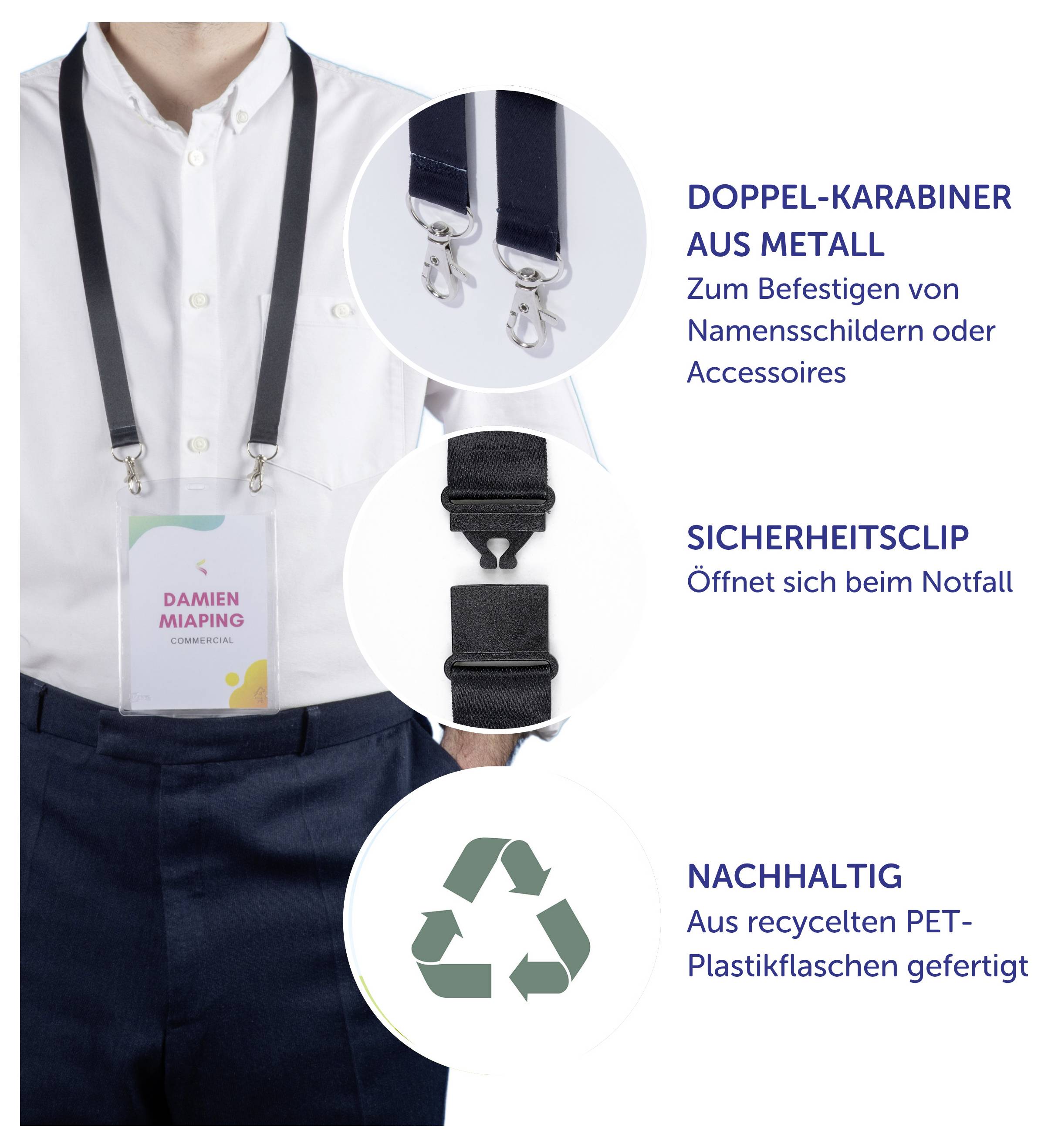 Obojek s dvojitým karabinou a bezpečnostní sponou, ideální pro upevnění jmenovky nebo doplňků; vyrobený udržitelně z recyklovaného PET plastu.