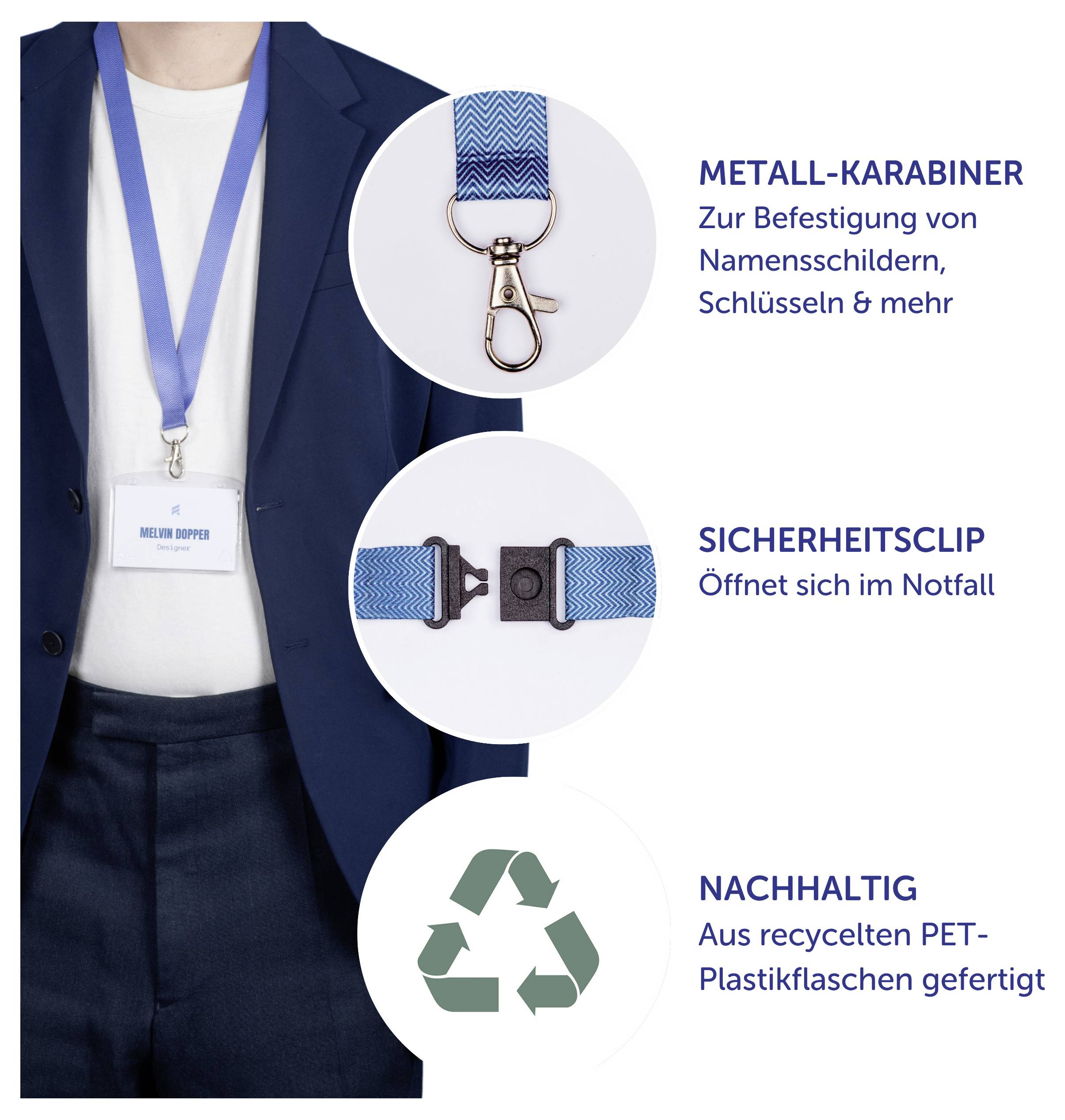 Reklamní grafika pro modrou pásku na klíče s visačkou: kovový karabina, bezpečnostní spona a udržitelný materiál z recyklovaných PET lahví.