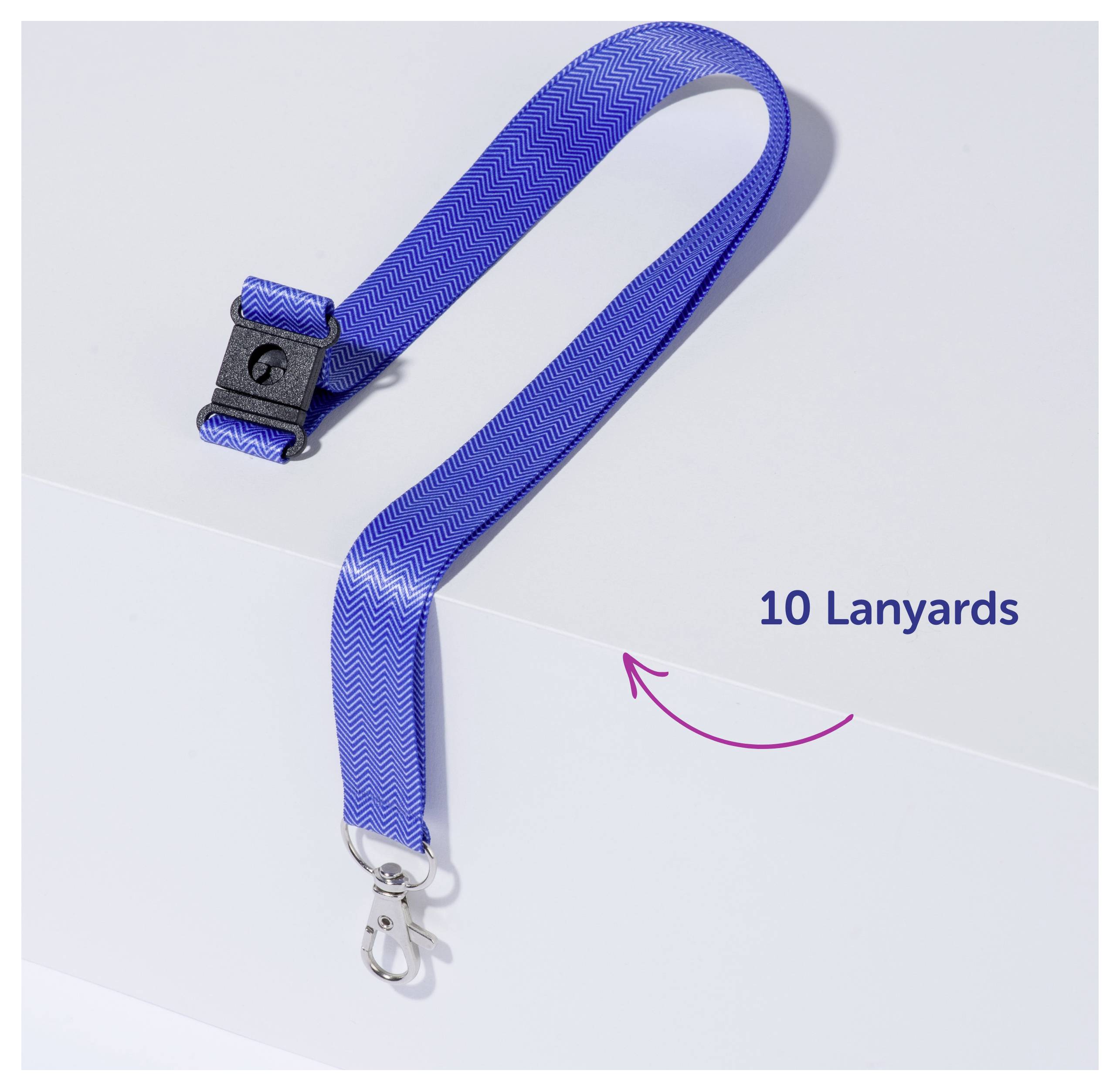 Modrá poutko přes rameno se sponou a karabinou; popis '10 Lanyards' označuje 10ks balení.