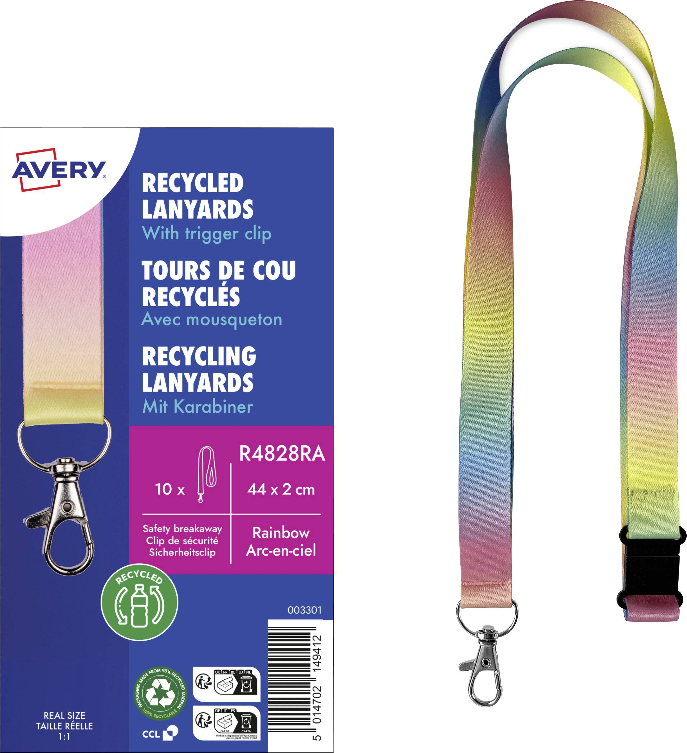 Obal produktu Avery recyklovaných duhovových šňůrek na krk se spouštěcím klipem, zobrazen s fotkou produktu a podrobnostmi vícejazyčného štítku.