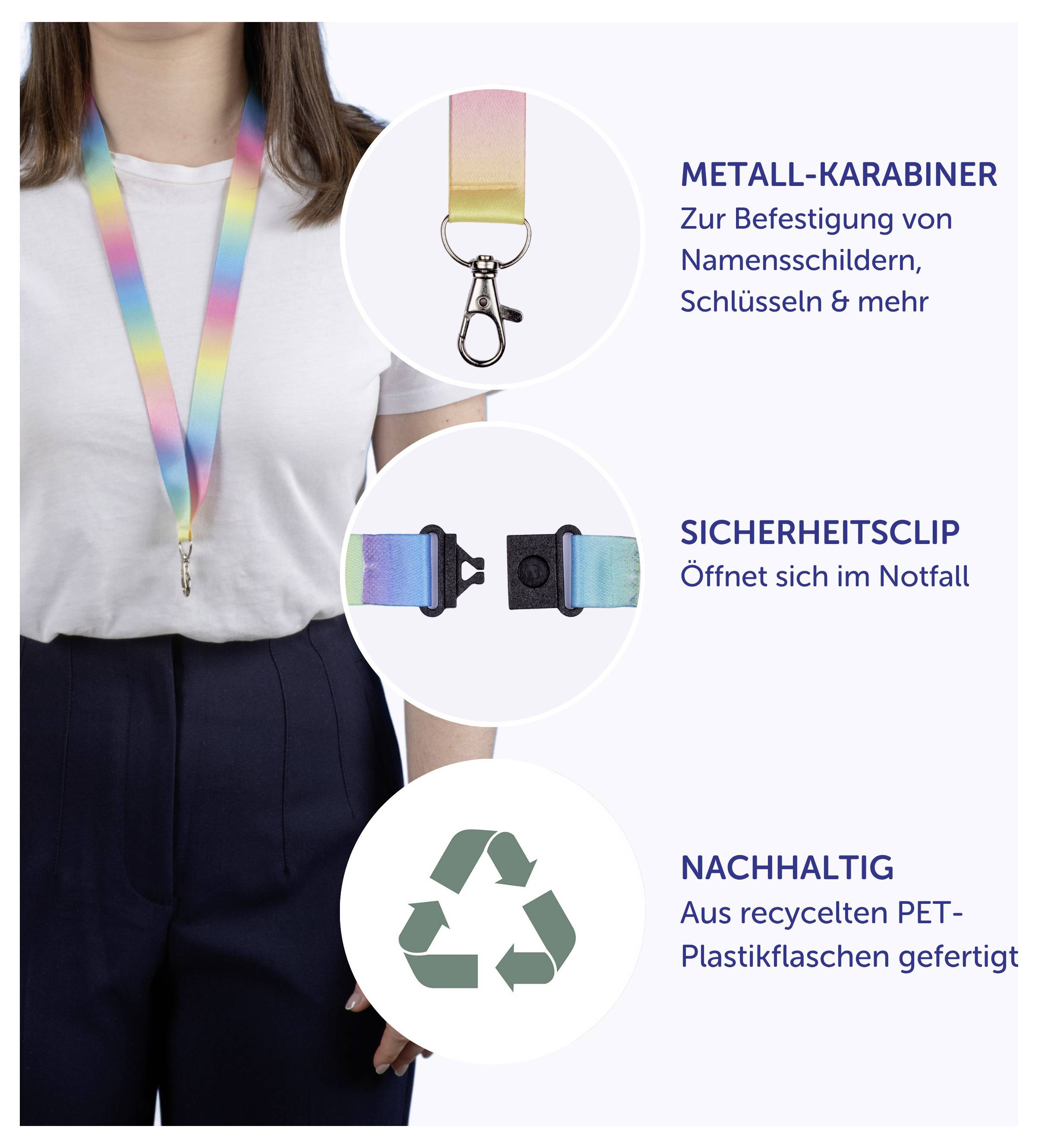 Žena nosí pastelově barevný krčenec; infografika zobrazuje kovový karabinu, bezpečnostní sponu a udržitelný materiál z recyklovaného PET.