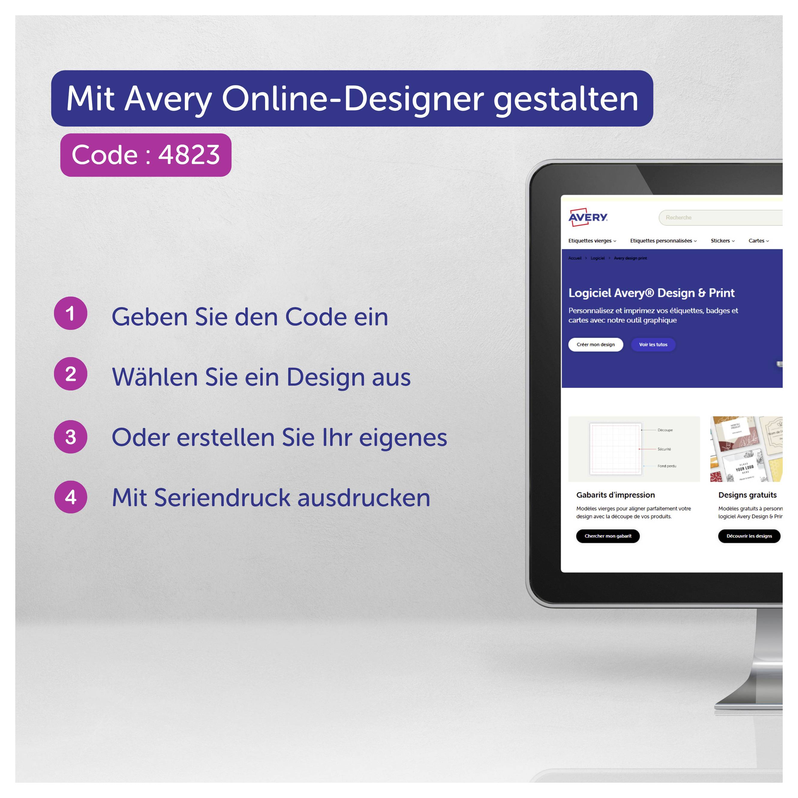 Návod pro Avery Online Designer: Zadejte kód 4823, vyberte design nebo vytvořte vlastní a vytiskněte pomocí hromadné korespondence; vpravo obrazovka počítače s webem Avery.