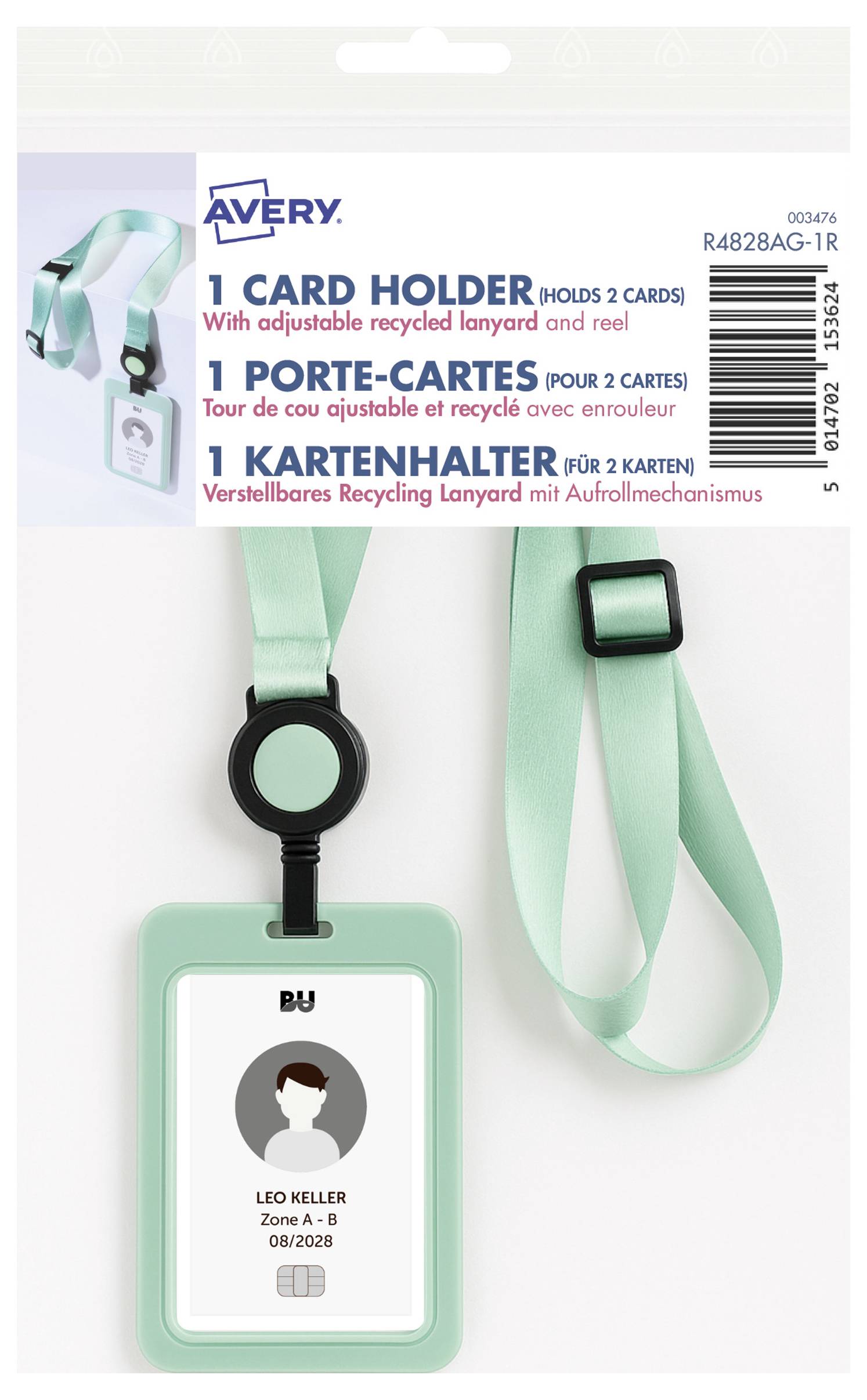 Balení držáku na karty Avery s mint zeleným recyklovaným šňůrkou a klipem na průkaz; zobrazuje produkt a vícejazyčné označení '1 CARD HOLDER'.