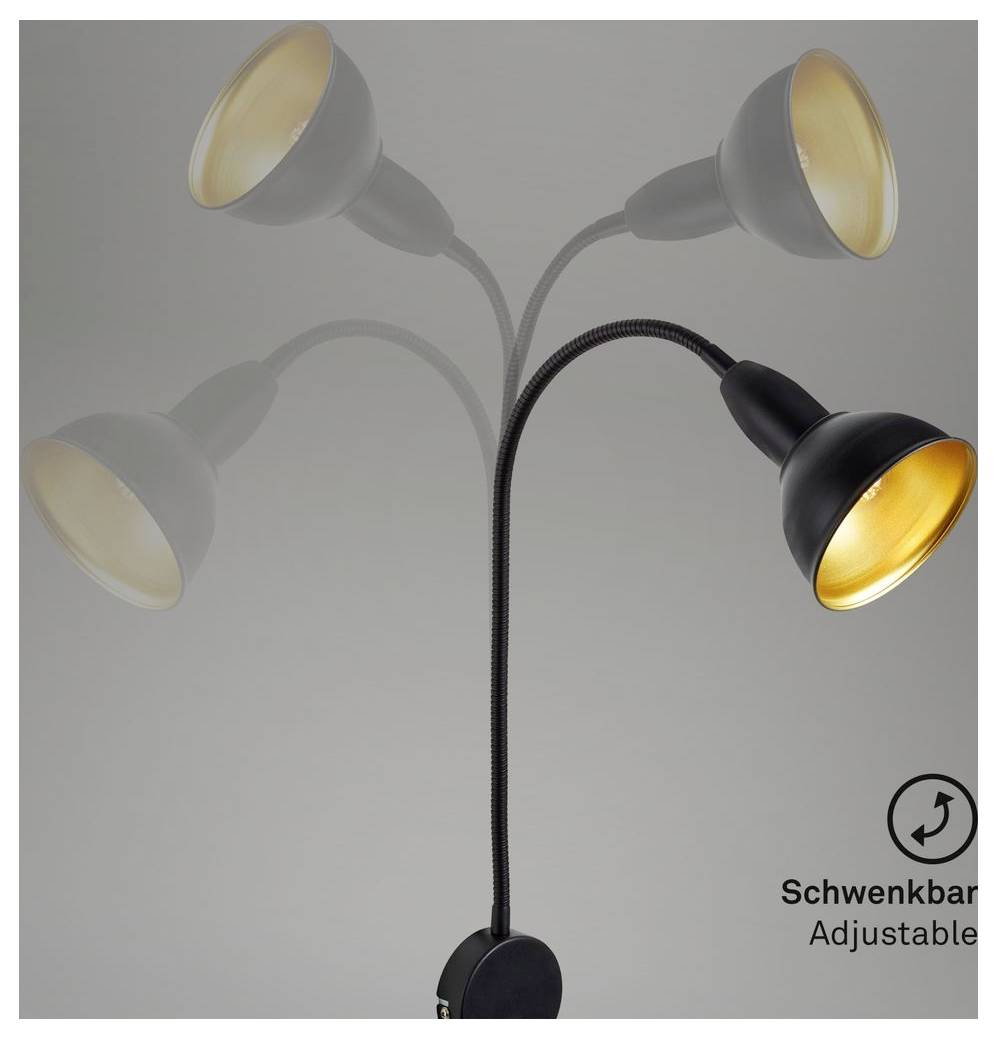Černá nastavitelná stojací lampa se třemi zakřivenými stínítky, jedno osvětleno teplým světlem, na šedém pozadí s textem „Schwenkbar Adjustable".