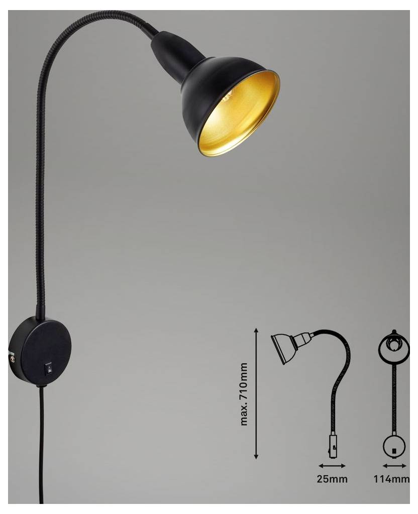 Černá nastavitelná nástěnná lampa s ohebným krkem a stínidlem v barvě zlata; vložený Detail ukazuje rozměry: max 710 mm, montáž 25 mm, základna 114 mm.