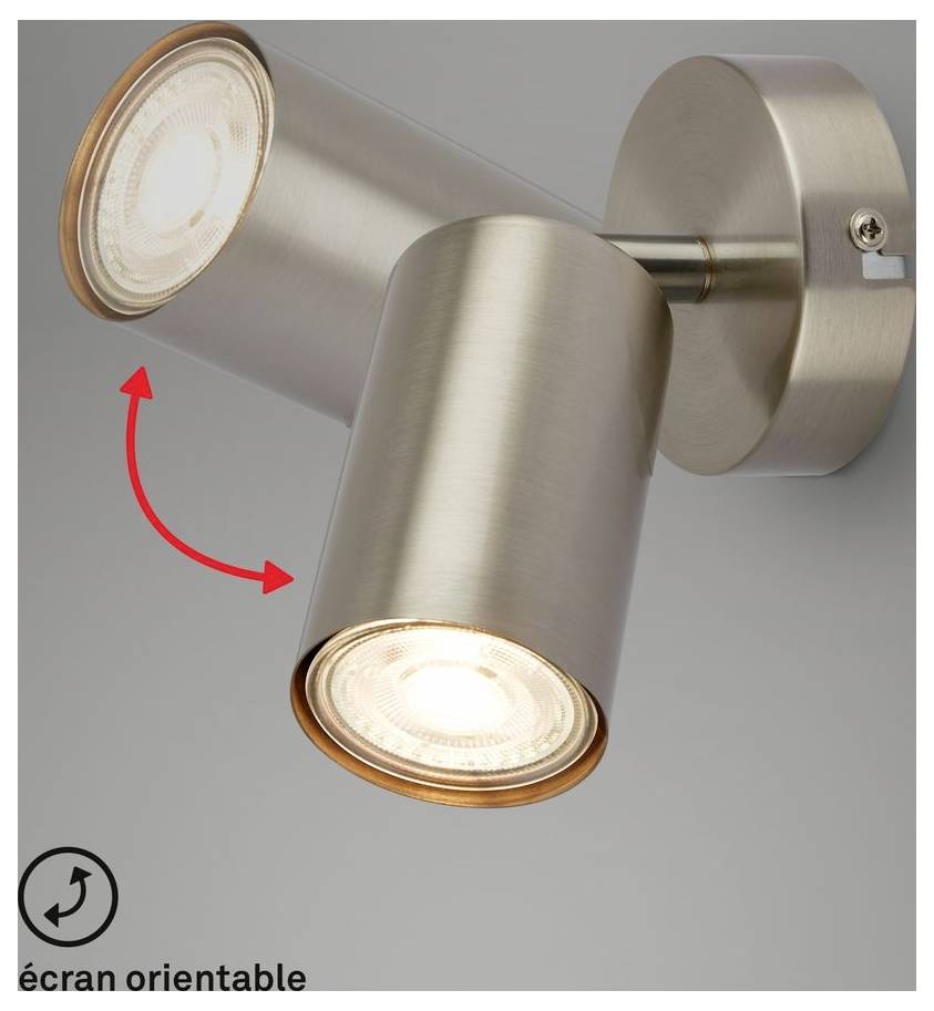 Regulovatelný matný kovový nástěnný reflektor se dvěma válcovitými lampami, které jsou zobrazeny s červenou šipkou ukazující, že se světlo dá otáčet.