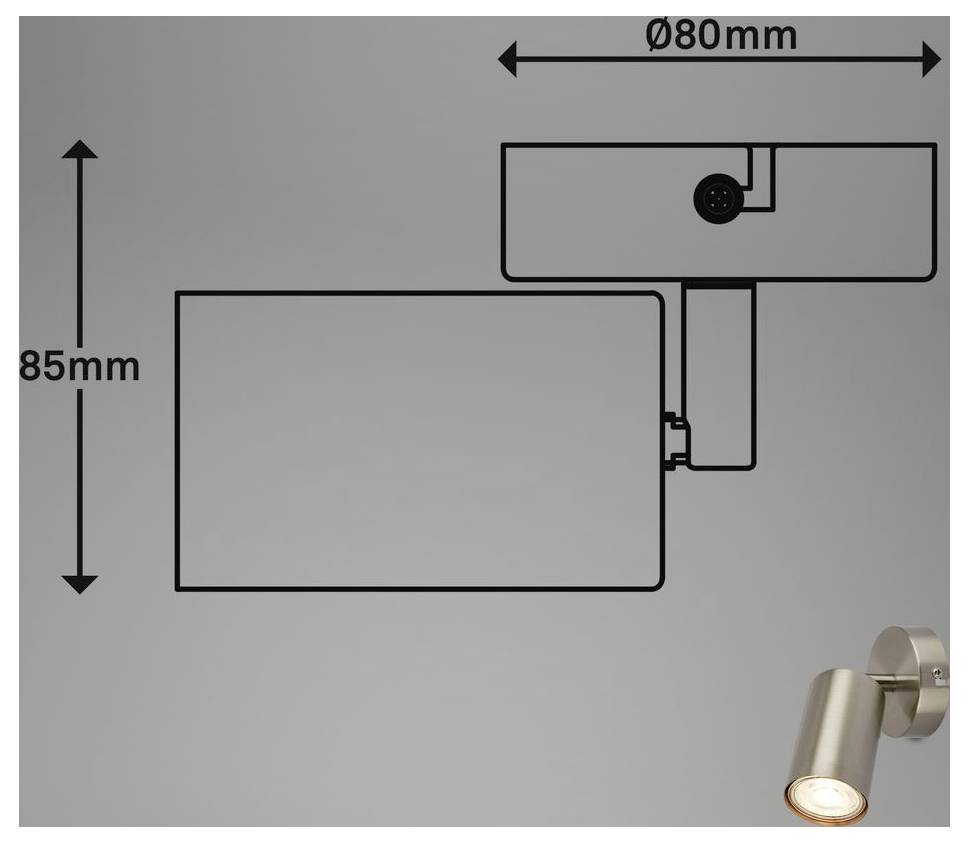 Diagram znázorňující nástěnné světlo s rozměry: 85 mm na výšku a 80 mm na šířku, plus fotografie svítidla v provozu v pravém dolním rohu.