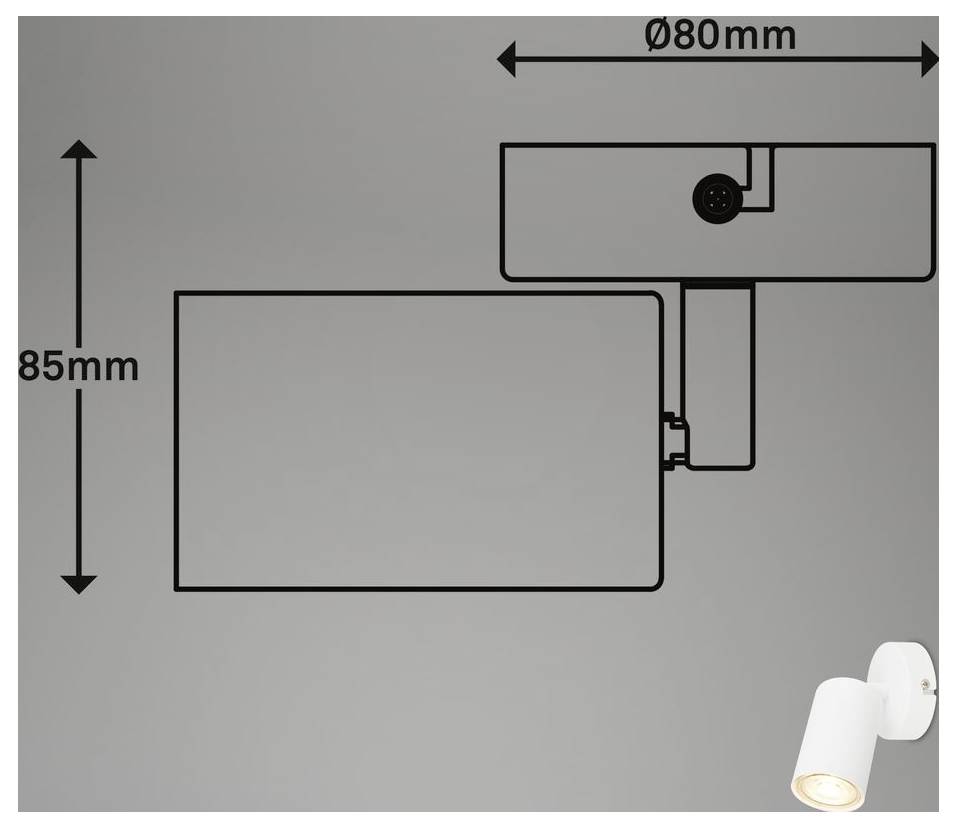 Technický diagram nástěnného osvětlení s rozměry: výška 85 mm a šířka 80 mm, se spotlightem připevněným na konzole.
