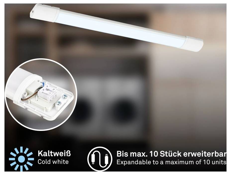 Bílá LED zářivka s vloženým obrázkem zobrazujícím konektor, popsaná jako 'Studená bílá / Cold white' a 'Rozšiřitelná na maximálně 10 kusů / Expandable to a maximum of 10 units'.