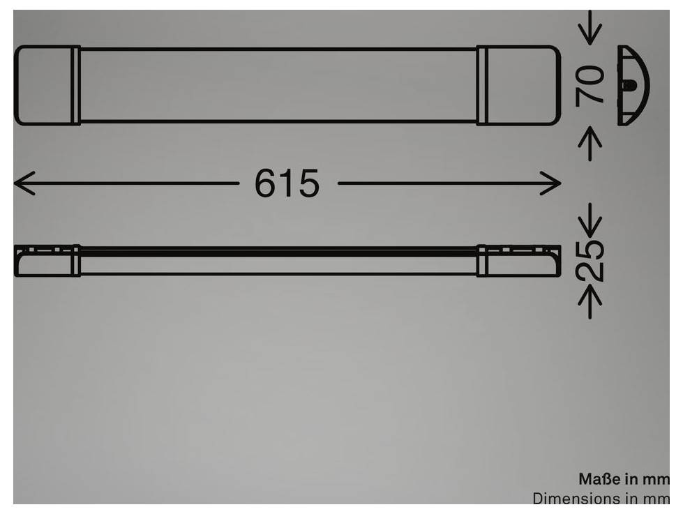 Technický výkres válcového světelného tělesa s rozměry 615 mm dlouhé, 70 mm široké a 25 mm tlusté.