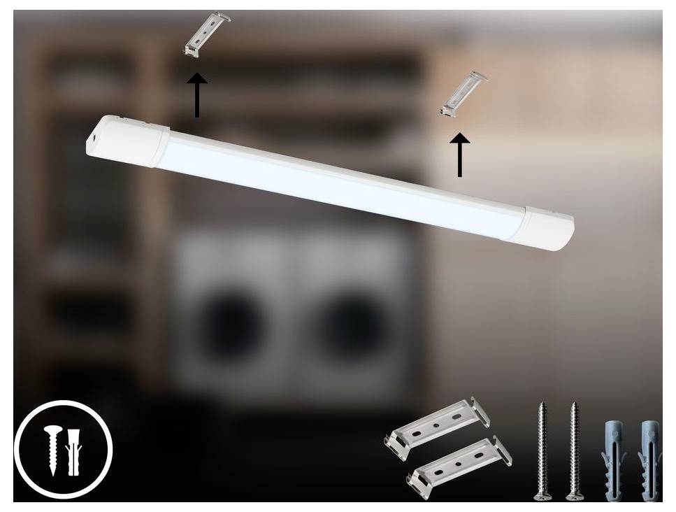 LED trubicové svítidlo s montážními klipsy, šrouby a hmoždinkami zobrazené na rozmazaném interiérovém pozadí.
