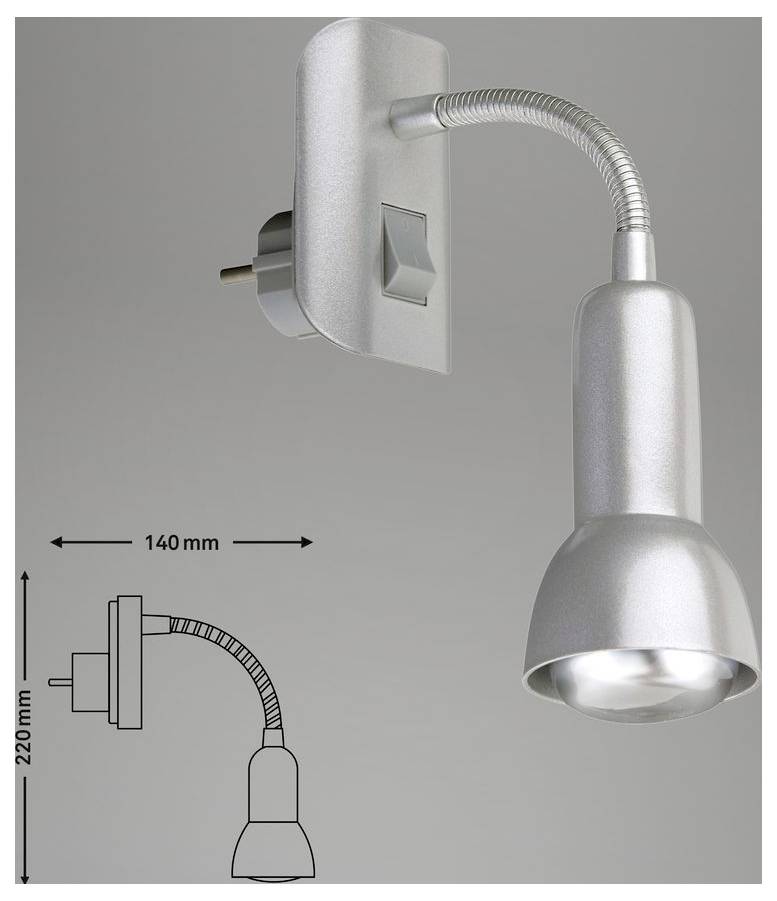 Stříbrné nastavitelné nástěnné reflektory s flexibilním ramenem; vložený diagram ukazuje rozměry 220 mm na výšku a 140 mm na šířku.