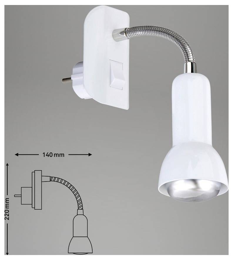 Bílý zapojovací nástěnný reflektor s flexibilním hrdlem husího krku; rozměrový diagram ukazuje šířku 140 mm a výšku 220 mm.