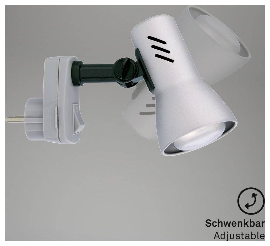 Bílé nastavitelné nástěnné reflektory s rotační hlavicí a zásuvkovým upevněním, označené „Schwenkbar" a „Adjustable".