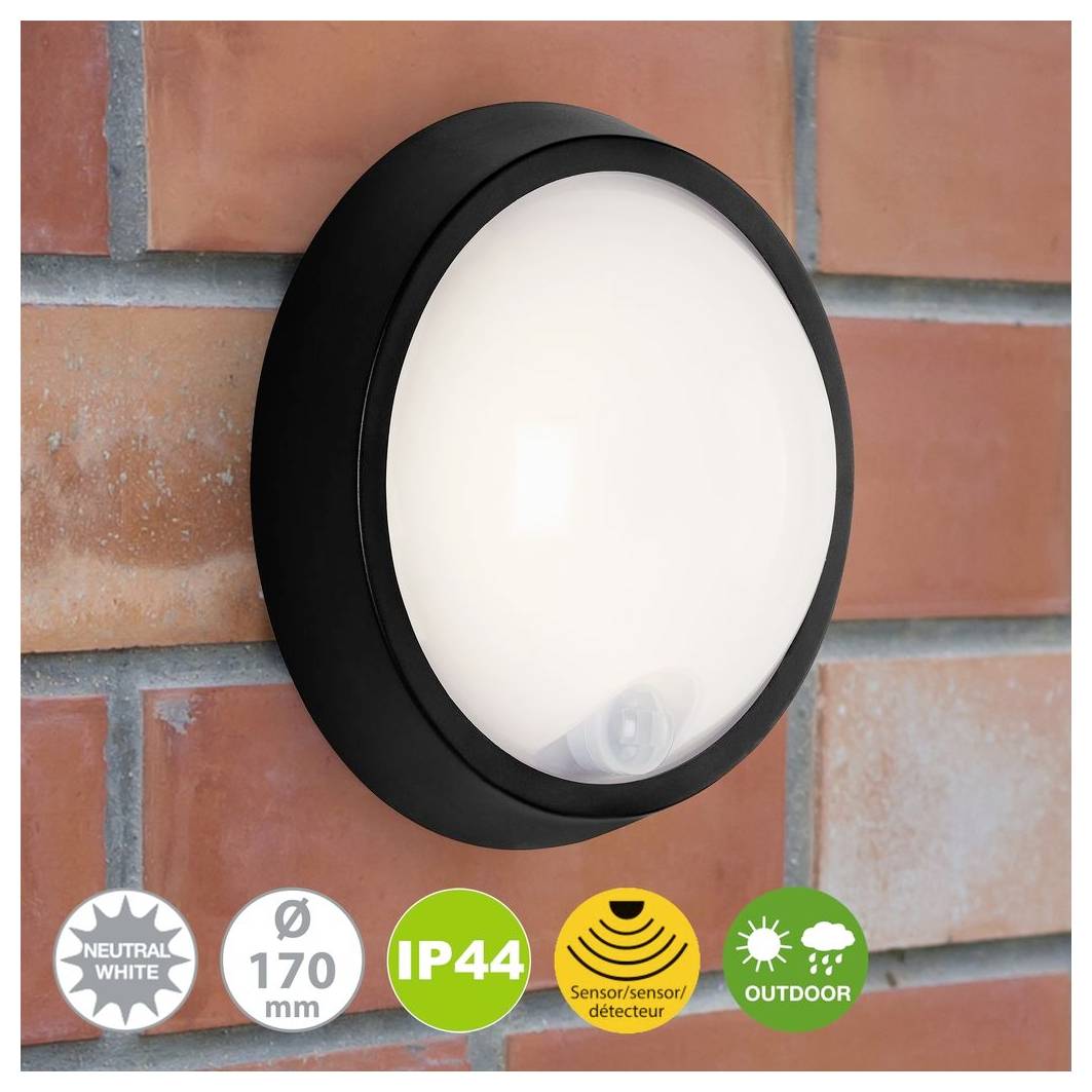 Černé kulaté venkovní nástěnné svítidlo na cihlové zdi s ikonami znázorňujícími neutrální bílou, 170 mm, IP44, senzor a venkovní použití.