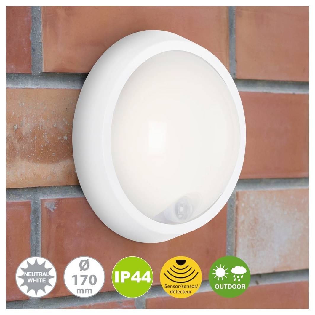 Kulatované bílé venkovní nástěnné svítidlo připevněné na cihlové zdi s ikonami znázorňujícími neutrální bílou barvu, 170 mm, IP44, senzor a venkovní použití.