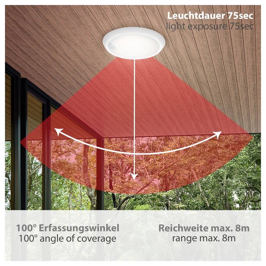 Diagram stropu se svítidlem s expozicí světla na 75 sekund, úhlem pokrytí 100° a maximálním dosahem 8 m.