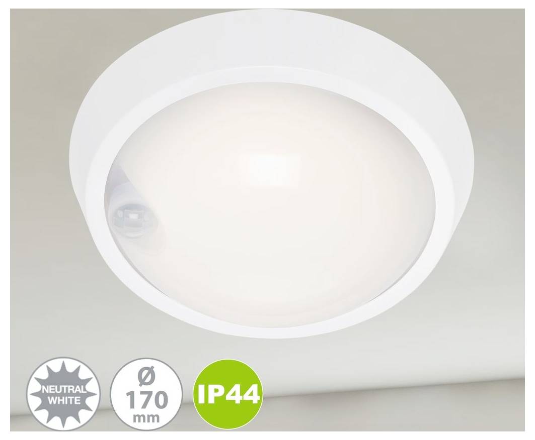 Bílé kulaté stropní svítidlo se senzorem pohybu, označené Neutrální bílá, 170 mm a IP44.
