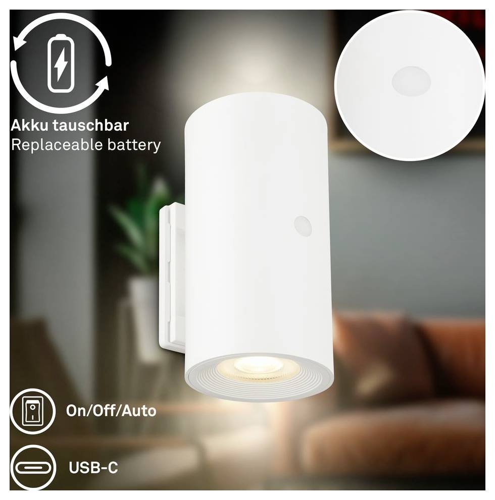 Bílé nabíjecí nástěnné světlo s vyměnitelnou baterií, ovládání zapnuto/vypnuto/automaticky, nabíjení přes USB-C, zobrazeno v obývacím pokoji