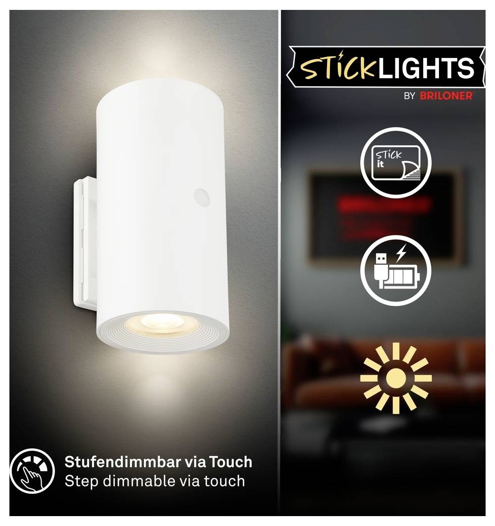 Nástěnné LED svítidlo STICKLIGHTS od BRILONER s dotykovým ovládáním a postupně stmívatelným osvětlením; včetně ikon pro snadnou instalaci na stěnu bez vrtání.