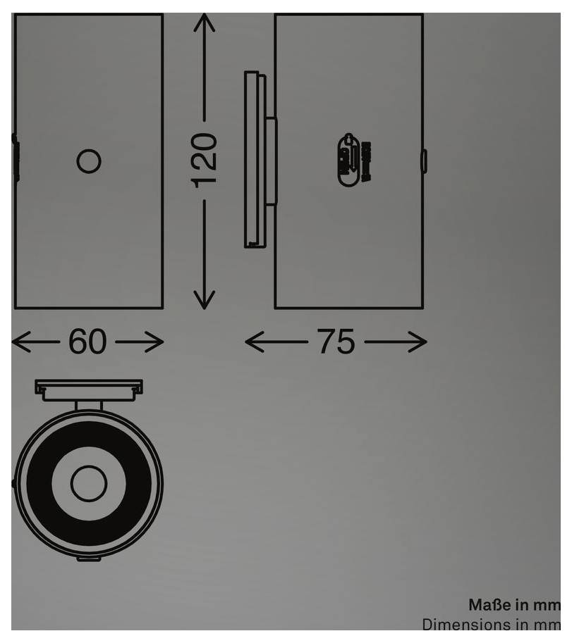 Technický nákres zařízení s pohledem zepředu, z boku a shora, s rozměry 60, 75 a 120 mm a poznámkou „Rozměry v mm" a „Dimensions in mm".