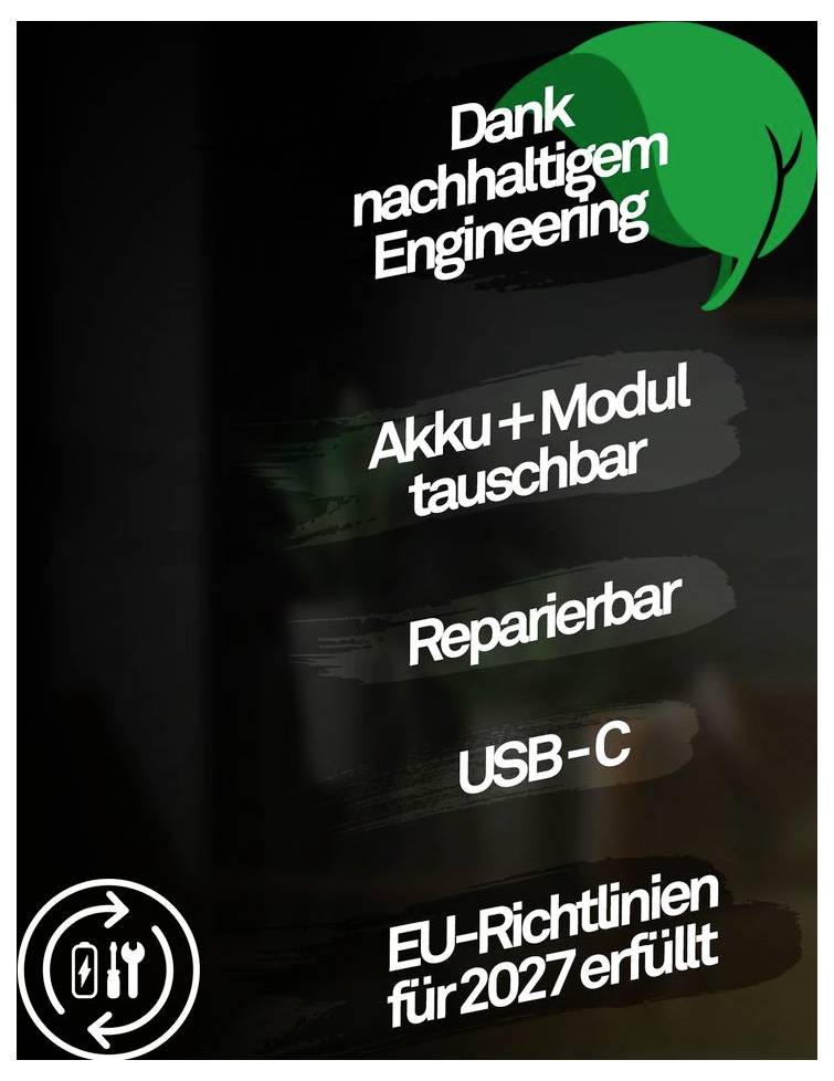 Díky udržitelnému inženýrství<br>Vyměnitelná baterie + modul<br>Opravitelné<br>USB-C<br>Splňuje směrnice EU pro rok 2027