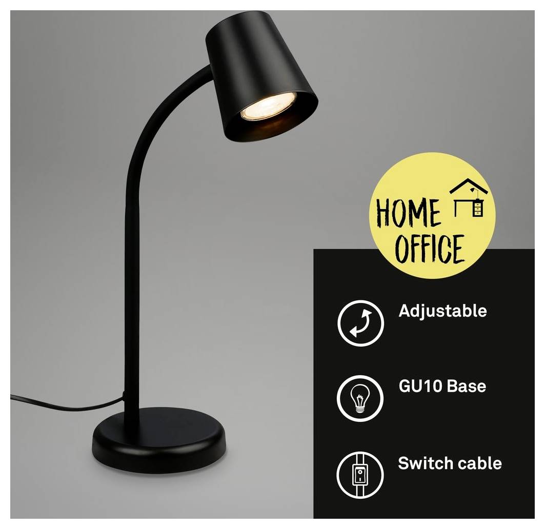 Černá nastavitelná stolní lampa s patицí GU10 a spínacím kabelem, označená "Domáca kancelária".
