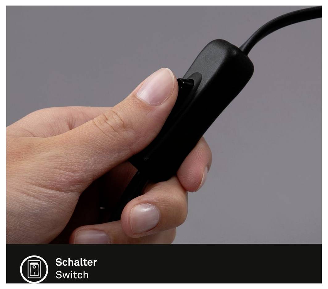 Ruka tlačící černý vestavěný vypínač na kabelu; označený „Schalter" a „Switch".