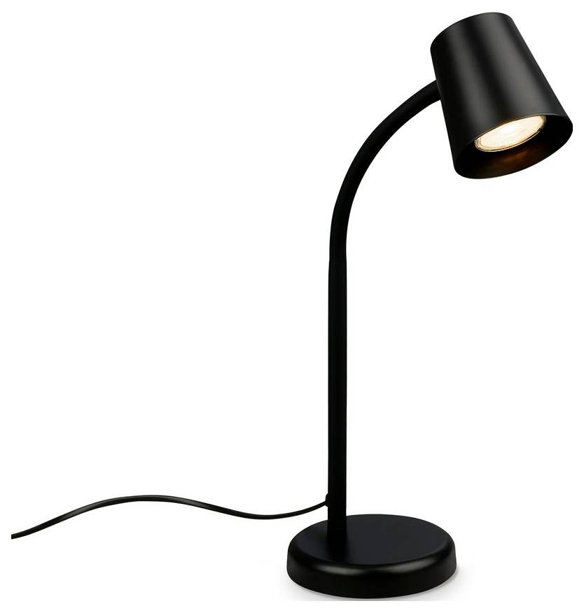 Černá nastavitelná stolní lampa s ohnutým ramenem a rozsvíceným stínítkem na kulaté podstavě, zobrazena s jejím napájecím kabelem