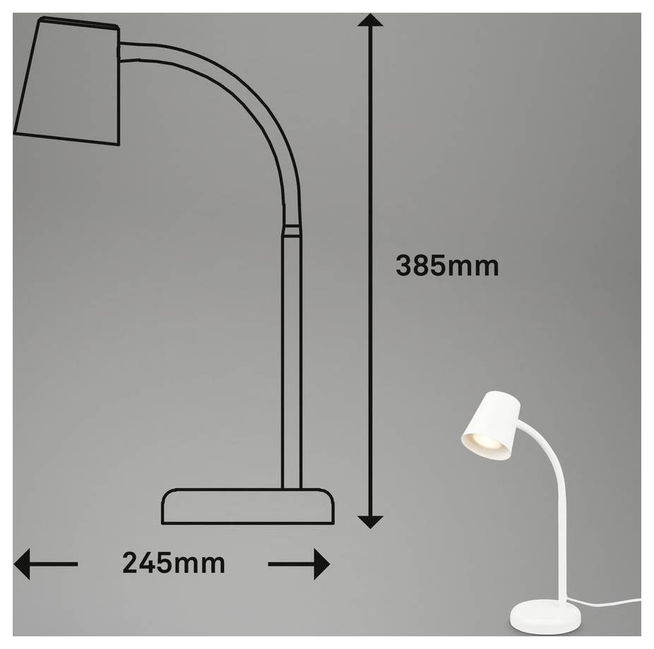 Diagram bílé stolní lampy zobrazující rozměry: výška 385 mm a šířka 245 mm, se zakřiveným krkem a kulatou podstavou.