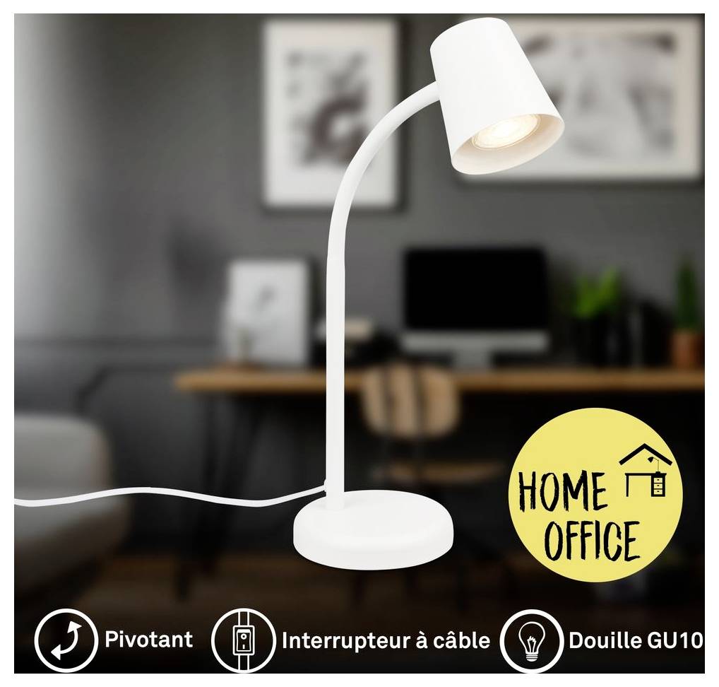 Bílá nastavitelná stolní lampa do pracovny s vypínačem na šňůře a paticí GU10; zobrazena značka „HOME OFFICE" a ikony funkcí.